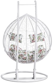 Fotoliu leagan dublu, suspendat, cu perne moi, rezistente la UV, împletitură tip răchită, structură metalică, pentru interior și exterior, Alb/Floral