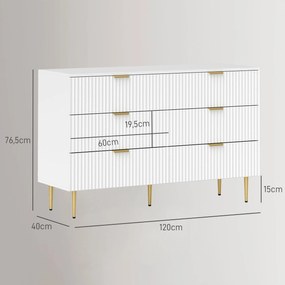 HOMCOM Comodă 6 sertare comodă cameră mobilier de depozitare modernă cu mânere și picioare aurii, 120 x 40 x 76,5 cm, alb | Aosom Romania