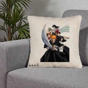 Perna Personalizata Bleach Grup Complet Ichigo si Prietenii, 40x40 cm, Bej Canapea, Husa Detasabila, Perna Inclusa, BEKZ®