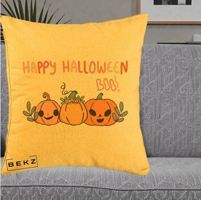 Perna Decorativa Happy Halloween Boo Trei Dovlecei Kawaii, 40x40 cm, Galben, Husa Detasabila, Perna Inclusa, BEKZ®