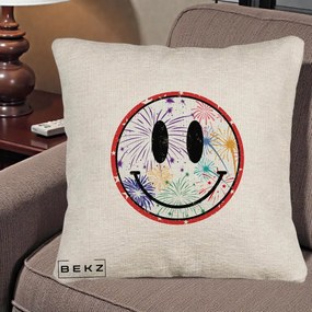 Perna Decorativa Smiley Face cu Artificii Multicolore, 40x40 cm, Bej Canapea, Husa Detasabila, Perna Inclusa, BEKZ®