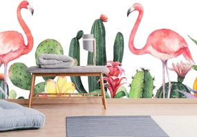 Fototapet - Flamingo în cactuși, acuarela (147x102 cm)