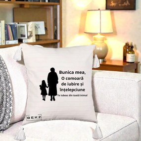 Cadou pentru Bunica - Perna Personalizata Bunica Mea Comoara Iubire Intelepciune Silueta, 40x40 cm, Bej cu Franjuri, Husa Detasabila, Perna Inclusa, BEKZ®