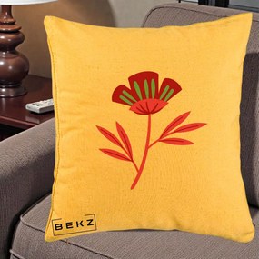 Perna Decorativa Floare Macul Roz-Rosu Grafic, 40x40 cm, Galben, Husa Detasabila, Perna Inclusa, BEKZ®