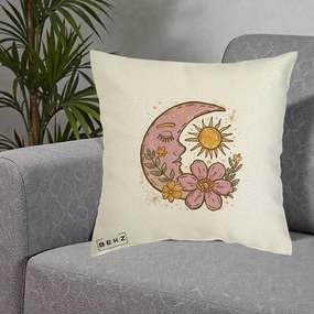 Perna Personalizata Luna si Soare Floral Boho, 40x40 cm, Ecru, Husa Detasabila, Perna Inclusa, BEKZ®