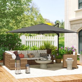 Outsunny Umbrelă de Grădină Decentralizată cu Manivelă 3x3m, Înclinabilă, Rotativă 360°, Umbrelă de Exterior Pătrată cu Bază Cruce, din Aluminiu, pentru Terasă sau Piscină, UV30+, Gri Închis | Aosom Romania