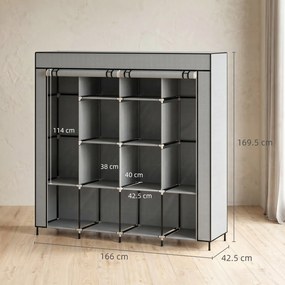 HOMCOM Dulap Portabil din Material Textil și Oțel, Garderobă cu 10 Rafturi, 4 Sertare și 2 Bare, 166x42,5x169,5 cm, Gri | Aosom Romania