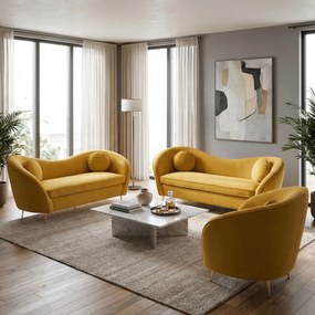 Canapea cu 3 locuri de design, ţesătură Velvet galbenă/gold crom auriu, EZIO TYP 3