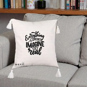 Perna Decorativa Everything You Can Imagine Is Real, 40x40 cm, Bej cu Franjuri, Husa Detasabila, Perna Inclusa, BEKZ®