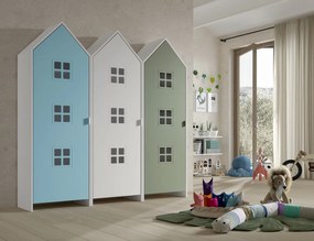Set 3 dulapuri pentru copii Casami Bruges tip colibă de plajă – 1 cu ușă albă, 1 cu ușă Albastru și 1 cu ușă Verde Intens – Vipack