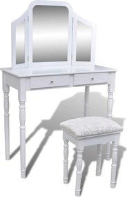 vidaXL Masă de toaletă cu oglindă 3 în 1 și taburet, 2 sertare, alb