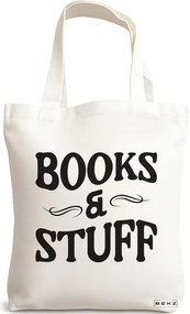 Sacosa de Panza pentru Cumparaturi, Geanta Tote, model Books and Stuff, 38x34.5 cm, Alba, BEKZ®