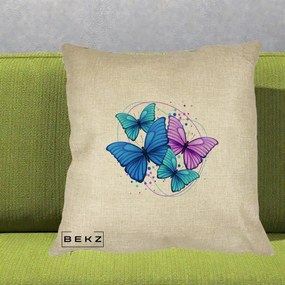 Perna Decorativa Patru Fluturi Turcoaz-Violet, 40x40 cm, Crem, Husa Detasabila, Perna Inclusa, BEKZ®