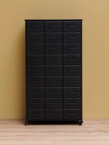 Dulap cu sertare vintage industrial din metal, negru, cu 27 de sertare, port-etichete și roți cu frână, finisaj antichizat, 132 x 76 x 37 cm, „Office”
