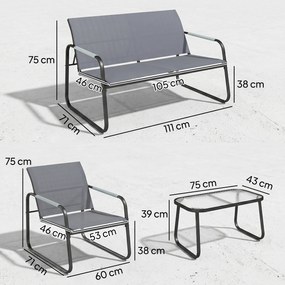 Outsunny Set de Grădină 4 Piese, Canapea cu 2 Locuri, 2 Fotolii, Măsuță din Sticlă Temperată, Gri | Aosom Romania