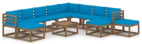 Set mobilier de gradina, 12 piese, cu perne albastru deschis Albastru deschis, 3x colt + 5x mijloc + 4x suport pentru picioare, 1