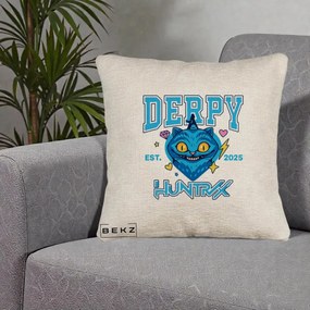 Perna Personalizata K-pop HUNTRX Derpy Pisica Albastra, 40x40 cm, Bej Canapea, Husa Detasabila, Perna Inclusa, BEKZ®