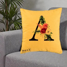 Cadou Personalizat - Perna Personalizata Monograma Florala Litera A, 40x40 cm, Galben, Husa Detasabila, Perna Inclusa, BEKZ®