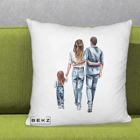 Cadou pentru Familie - Perna Personalizata Familie Acuarela Jeans, 40x40 cm, Alb Pufos, Husa Detasabila, Perna Inclusa, BEKZ®
