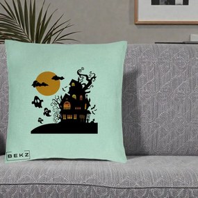Perna Decorativa Halloween Casa Bantuita cu Fantome, 40x40 cm, Verde Menta, Husa Detasabila, Perna Inclusa, BEKZ®