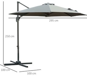 Outsunny Umbrel de Gradină cu Manivelă cu Înclinare Reglabilă, Umbrelă cu Braț și Stinghii, Ø2.95x2.5 m, Gri | Aosom Romania