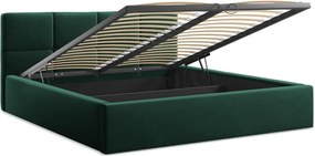 Pat matrimonial verde închis tapițat din catifea cu spațiu de depozitare cu somieră 140x200 cm Hiko – Makamii