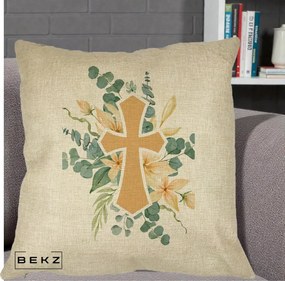 Perna Personalizata Cruce Florala Botez, 40x40 cm, Crem, Husa Detasabila, Perna Inclusa, BEKZ®