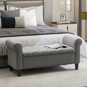 HOMCOM Bancă de Hol, Material Efect Catifea, Spațiu Depozitare, Cotiere Rulate, Design Modern, 126x48.5x57 cm, Gri | Aosom Romania