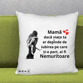 Cadou pentru Mama - Perna Personalizata Mama Nemuritoare Gravura Vintage, 40x40 cm, Alb Pufos, Husa Detasabila, Perna Inclusa, BEKZ®