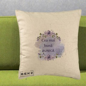 Cadou pentru Bunica - Perna Personalizata Cea Mai Buna Bunica Flori Mov Acuarela Negru, 40x40 cm, Bej, Husa Detasabila, Perna Inclusa, BEKZ®