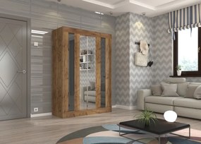 Dulap cu usi glisante si oglinda 150x215 cm, Keita, ADRK Furniture (Culoare: Sonoma / Ciocolată Lacobel)