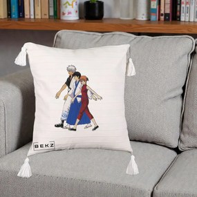Perna Personalizata Gintama Trio Gintoki Shinpachi Kagura, 40x40 cm, Bej cu Franjuri, Husa Detasabila, Perna Inclusa, BEKZ®