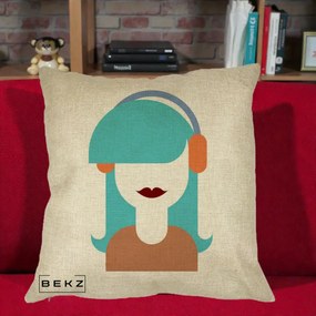 Perna Decorativa Fata cu Casti Muzica Grafic, 40x40 cm, Crem, Husa Detasabila, Perna Inclusa, BEKZ®