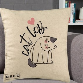 Perna Personalizata Cat Lover Pisica Ilustratie Linie, 40x40 cm, Bej, Husa Detasabila, Perna Inclusa, BEKZ®