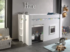 Pat median pentru copii NOAH, alb, 90 x 200 cm, din MDF lăcuit, cu scară și fereastră reversibilă, spațiu multifuncțional dedesubt și perdele