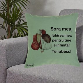Cadou pentru Sora - Perna Personalizata Sora Mea Te Iubesc Doua Fete Iarna Acuarela, 40x40 cm, Verde, Husa Detasabila, Perna Inclusa, BEKZ®
