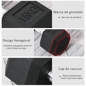 HOMCOM Ganteră Hexagonală de 15 kg, cu Prindere Antiderapanta, Greutate pentru Brațe din Oțel și Cauciuc, Ø15.5x33.6 cm, Negru | Aosom Romania