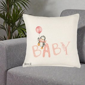 Perna Personalizata Baby Pinguin Roz, 40x40 cm, Crem Reliefat, Husa Detasabila, Perna Inclusa, BEKZ®