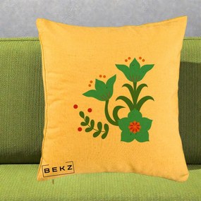 Perna Decorativa Flori Stilizate Folk Turcoaz, 40x40 cm, Galben, Husa Detasabila, Perna Inclusa, BEKZ®