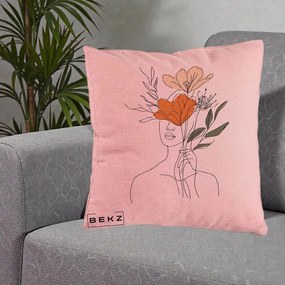 Perna Decorativa Portret Feminin Coroana Florala, 40x40 cm, Roz, Husa Detasabila, Perna Inclusa, BEKZ®