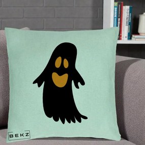 Perna Decorativa Halloween Fantoma Neagra cu Ochi Portocalii, 40x40 cm, Verde Menta, Husa Detasabila, Perna Inclusa, BEKZ®