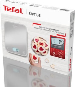 Cantar de bucatarie Tefal Optiss BC50D6V0, Pana la 5 kg, TARE, LCD, Sticla, Cifre mari, Gri/Alb