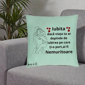 Cadou pentru Iubita - Perna Personalizata Iubita Nemuritoare cu Cuplu Line-Art si Inimi Rosii, 40x40 cm, Verde Menta, Husa Detasabila, Perna Inclusa, BEKZ®