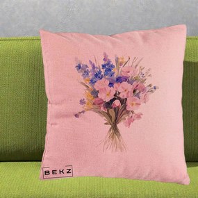 Perna Decorativa Buchet Floral Acuarela Primavara, 40x40 cm, Roz, Husa Detasabila, Perna Inclusa, BEKZ®