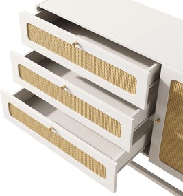 Comodă în stil rustic cu ratan și mânere aurii, 3 sertare și 1 ușă, 120x40x85 cm, Alb