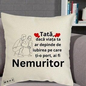 Cadou pentru Tata - Perna Personalizata Tata Nemuritor Baietel, 40x40 cm, Ecru, Husa Detasabila, Perna Inclusa, BEKZ®