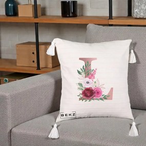 Cadou Personalizat - Perna Personalizata Monograma Rose Gold Litera L, 40x40 cm, Bej cu Franjuri, Husa Detasabila, Perna Inclusa, BEKZ®