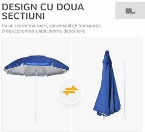 Outsunny Umbrelă de Plajă cu Acoperiș Înclinabil la 45°, Ferestre și 2 Buzunare, Ø191x211 cm, Albastru | Aosom Romania