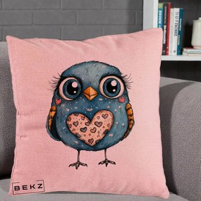 Perna Decorativa Bufnita Albastra cu Inimioare, 40x40 cm, Roz, Husa Detasabila, Perna Inclusa, BEKZ®