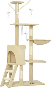 PawHut Turelă pentru pisici cu căsuță, stâlp de ascuțit gheare, platforme și 4 șoricei, din lemn, pluș și sisal, 50x35x134.2 cm, gri | Aosom Romania